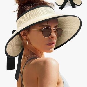 Women’s Camp Trace Sun Visor Cream Hat with Black Trim and Tie